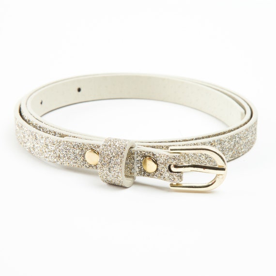 Girls Ultra Skinny Glitter Belt Warm Silver 8 14Y
