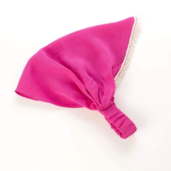 Girls Bandana Head Scarf / Headband - Silky with lace trim - Hot Pink ( 3-12 Y)