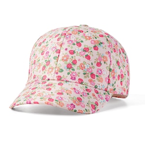 May include: A baseball cap with a pink floral pattern featuring strawberries and flowers in shades of pink, orange, and green. The cap has a curved brim and a rounded crown, suitable for sun protection.