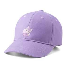 May include: A lavender baseball cap with a curved brim. The cap features an embroidered sleeping fox in shades of pink and white on the front. The cap has a button on top and stitched details.