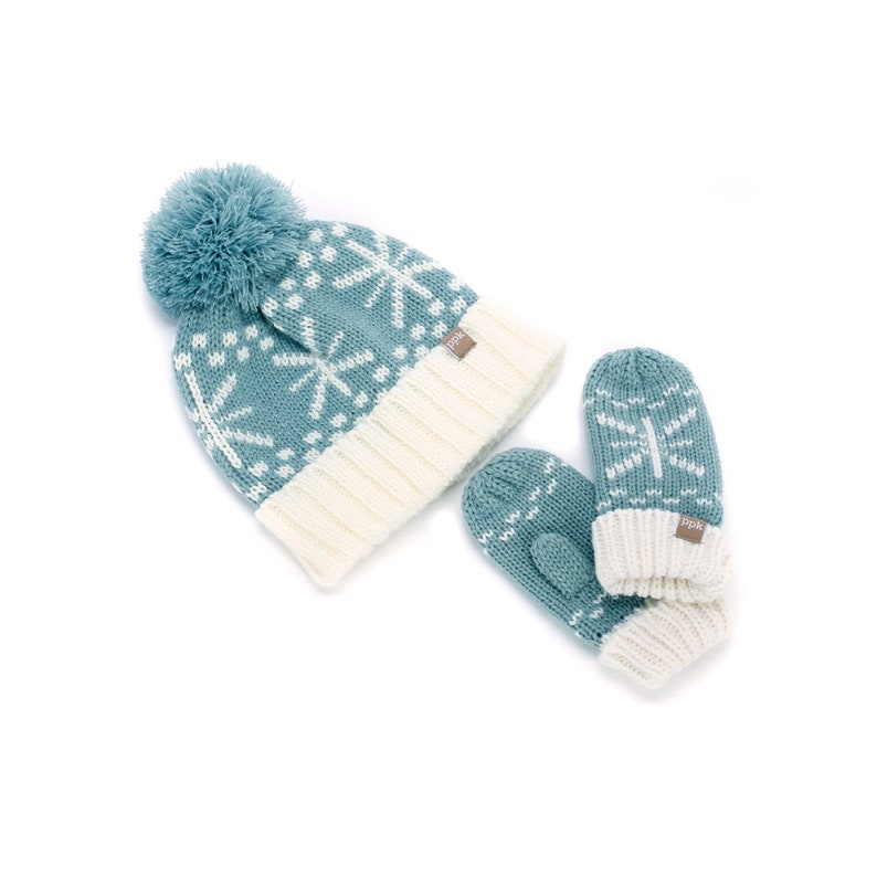 - Frost Blue thick jacquard knit Snowflake Pompom Beanie Mittens Set