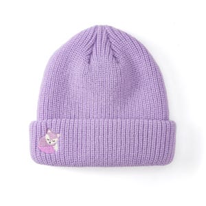 May include: A lilac-colored beanie hat with a folded brim. The hat features an embroidered fox design in shades of purple and white on the front. The hat is made of a ribbed knit material.