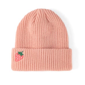 May include: A pink knitted beanie with a small embroidered strawberry on the front.