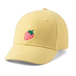May include: A yellow baseball cap with an embroidered strawberry design. The strawberry is red with green leaves and white seeds.