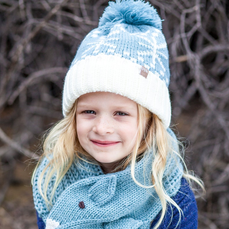 - Frost Blue thick jacquard knit Snowflake Pompom Beanie Mittens Set