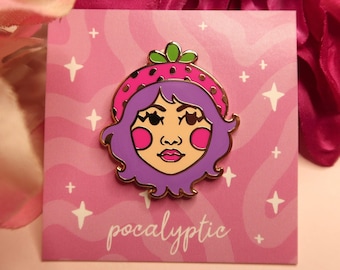 Strawberry Girl Enamel Pin - Pink Strawberry Hat Pin