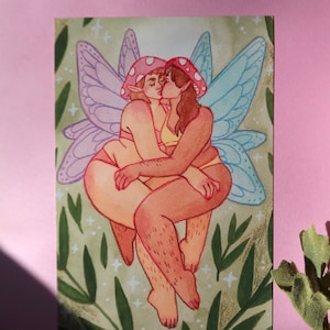 Lesbian Queer Art Print - Sapphic Fairies Mushroom Hat Cottagecore Illustration