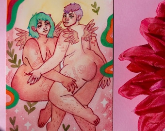 Impresión artística de pareja queer - 5x7 o 4x6 pulgadas Impresión de ilustración de ángeles queer