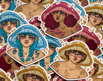Mushroom Girl Vinyl Sticker Set: Cottagecore Fairy Art