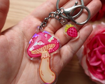 Llavero Holográfico de Hongo y Fresa - Charm Rosa Cottagecore