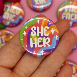Holo Rainbow Pronoun Pins! They/them, he/they, she/her, she/they, xe/xir Button Pins - Retro, psychedelic, trippy