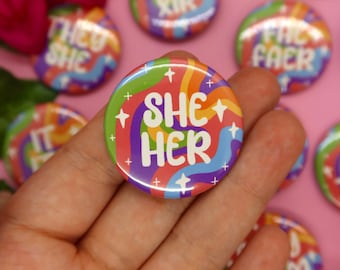 Holo Rainbow Pronoun Pins! They/them, he/they, she/her, she/they, xe/xir Button Pins - Retro, psychedelic, trippy