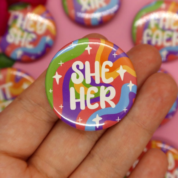 Holo Rainbow Pronoun Pins! They/them, he/they, she/her, she/they, xe/xir Button Pins - Retro, psychedelic, trippy