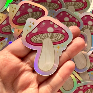 Holographic Mushroom Sticker Trippy Pink Mushroom Vinyl Art Stickers image 2