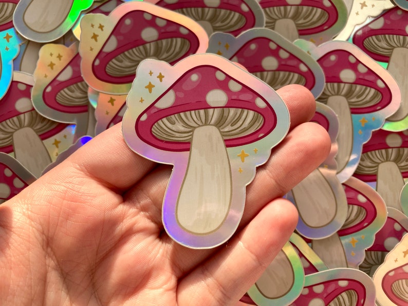 Holographic Mushroom Sticker Trippy Pink Mushroom Vinyl Art Stickers image 2