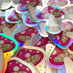 Holographic Mushroom Sticker Trippy Pink Mushroom Vinyl Art Stickers image 3