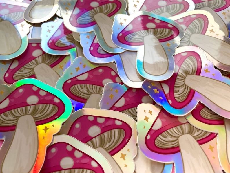 Holographic Mushroom Sticker Trippy Pink Mushroom Vinyl Art Stickers image 3