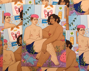 Konsttryck med queer par: Färgglad illustration av sovrumsscen