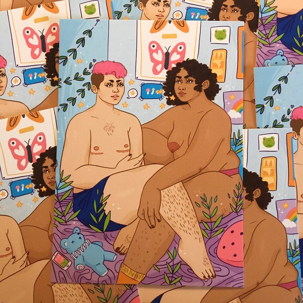 Impresión artística de una pareja queer: Ilustración colorida de una escena en el dormitorio