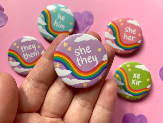 Pastel Rainbow Pronoun Pins! They/them, he/they, she/her, she/they, xe/xir Button Pins