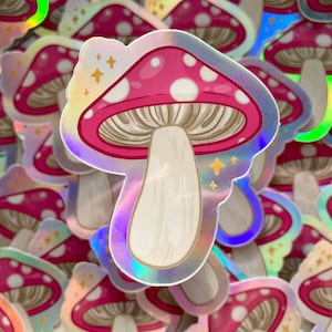 Holographic Mushroom Sticker Trippy Pink Mushroom Vinyl Art Stickers image 1