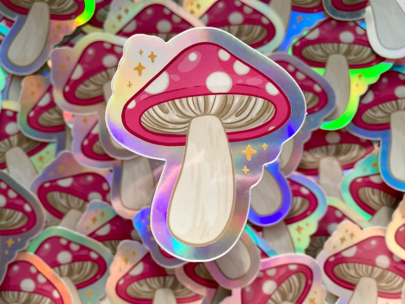 Holographic Mushroom Sticker Trippy Pink Mushroom Vinyl Art Stickers image 1