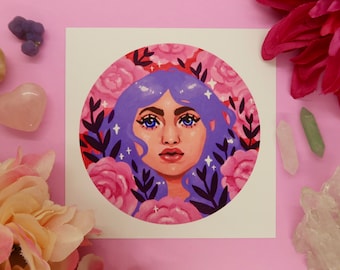 Impresión artística de ilustración de retrato floral mágico - 8x8 o 5x5