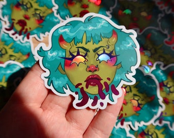 Holo Grunge Girl-klistermärke - Grön Demon Vinylklistermärke