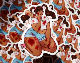 May include: A sticker featuring a cartoon illustration of a person with brown hair, wearing a white shirt, blue denim shorts, and holding a spiked bat. The person is covered in red splatters, suggesting blood. The sticker has a white background and sparkles.