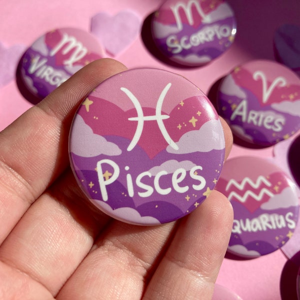 Holographic Zodiac Sign Pins - Cute Pink Astrological Sign Button