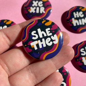 Spacey Pronoun Pins - Goth aesthetic pronoun button badge - they/them, she/they, she/her, xe/xir