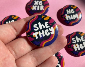 Spacey Pronoun Pins - Goth aesthetic pronoun button badge - they/them, she/they, she/her, xe/xir