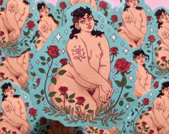 Queer Rose 3" vinylillustrationsklistermärke - Plus Size Queer Art-klistermärke - Pretty Rose-klistermärke - WLW Lesbisk Pride-klistermärke - Queer Naken Konst