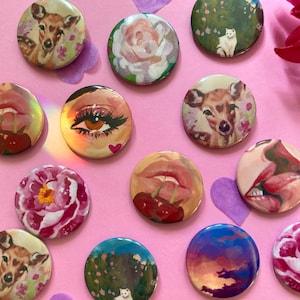 Aesthetic Painting Pins - Pink Art Coquette Aesthetic Button Set - Cat, Sunset, Deer, Eye