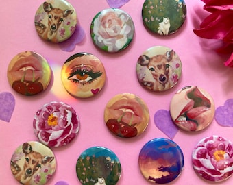 Aesthetic Painting Pins - Pink Art Aesthetic Button Set - Cat, Sunset, Deer, Eye