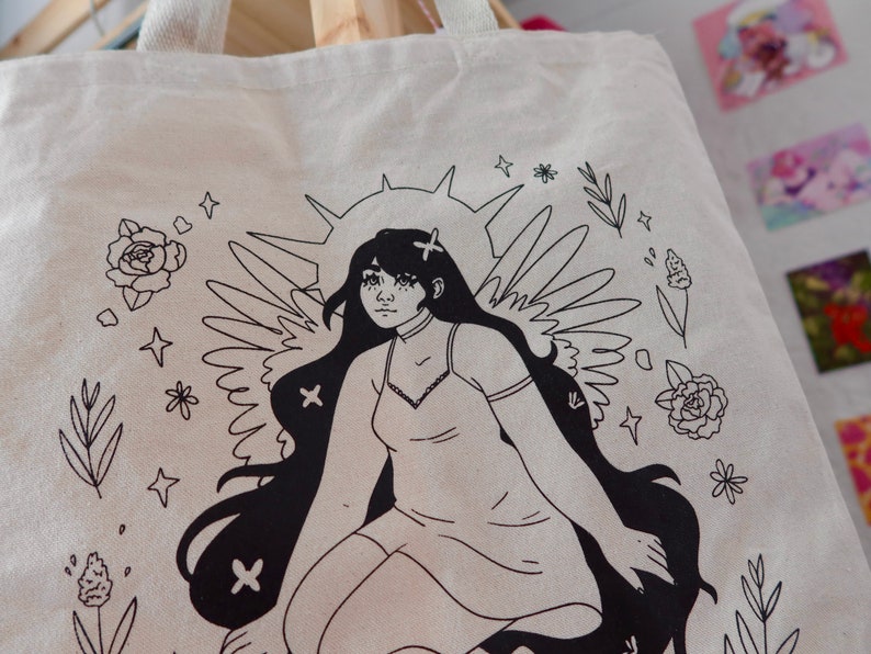 Bolso de mano con ilustración de ángel - 100 % lienzo serigrafiado con flores de arte lineal imagen 2