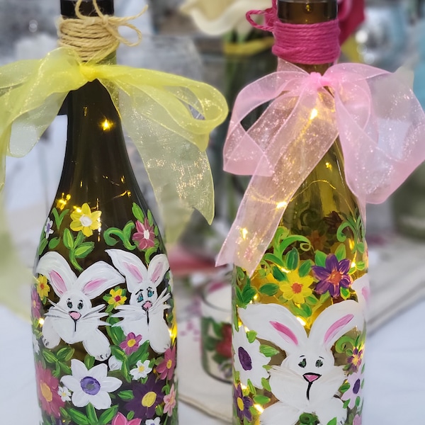 Bunny Rabbit Spring light up Bottle Hand Painted Wine Bottle with 1 battery operated fairy lights with twine and ribbon and tealight