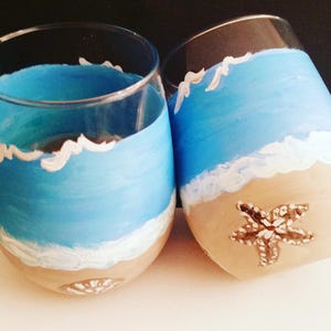 2 Beach Ocean Stemless 17 once Wine Glasses custom Hand painted with the Beach Ocean Seashells and Seagulls A Fun Day at the Beach