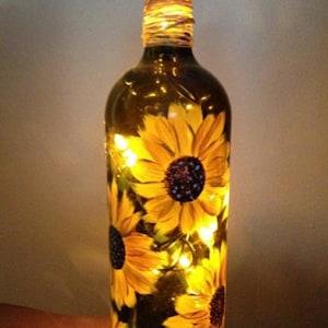 Sunflower Light up Wine Bottle Handpainted With 1 battery operated cork top fairy light 1 Ribbon and twine attatched