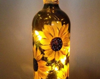 Sunflower Light up Wine Bottle Handpainted with 2 battery operated fairy lights Ribbon and twine matching glass tealight with candle