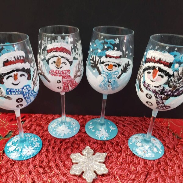 Snowman Painted Wine Glasses Etsy