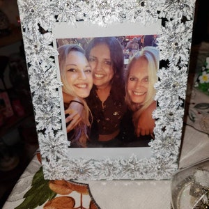 White Snowflakes all around this 5x7 Glass Picture Frame with or Without silver Glitter Snowflakes Embellished with Swarovski Crystals