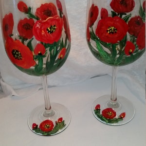 2 Red Poppies Hand Painted on Crystal White Wine Glasses
