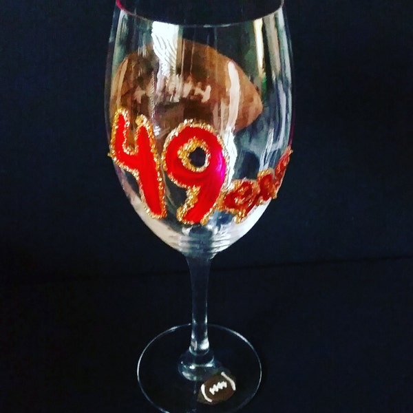 49er Wine Stemmed Glass 18oz or Favorite Team Glass. Wine Water Mug or Stemless Glass