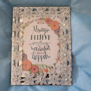 White Snowflakes all around this 4x6  Glass Picture Frame with or Without silver Glitter Snowflakes Embellished with Swarovski Crystals