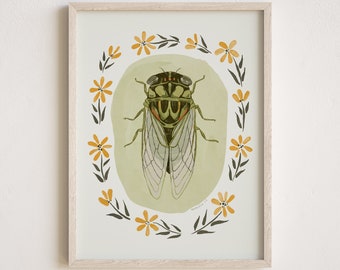 Cicada Fine Art Print - Annual Cicada Painting - Cottage Core Bug Decor - Insect Poster