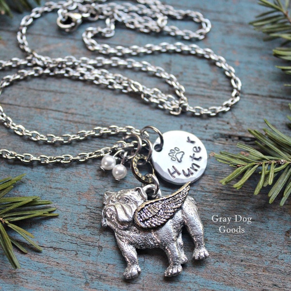 Bulldog Angel Necklace, Bulldog Sympathy Gift, Personalized Dog Necklace, English Bulldog Memorial, Dog Memorial Necklace