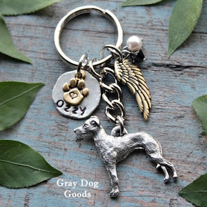 May include: Silver and gold charm keyring with a paw print, heart, and angel wing charm. The keyring also features a small silver dog figurine and the name "OzZy" on the paw print charm.
