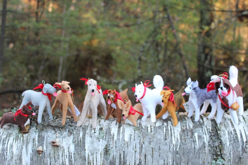 Pu&ograve; includere: Una collezione di ornamenti per cani in feltro di vari colori e razze, tra cui un levriero, un husky e un cane bianco. Gli ornamenti sono disposti su un tronco di betulla con accenti di nastro rosso.