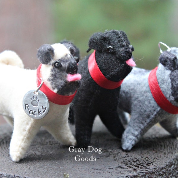 Pug Ornament, Personalized Dog Ornament, Puggle ornament, Hand-Stitched Limited Edition Felt Dog Ornament